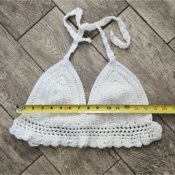 Hand Crafted White Crochet Halter Top Bralette Size L - Picture 5 of 8